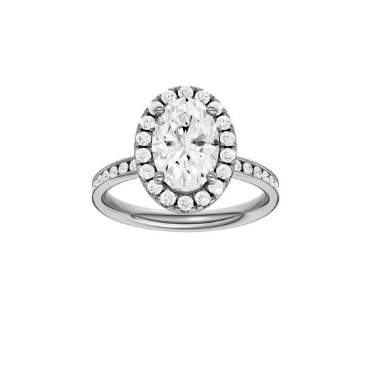 14K white gold oval halo engagement ring with oval center diamond, round halo and channel set diamond band, front view.