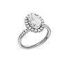 Platinum oval halo engagement ring shown at an angled three quarter view highlighting the oval center diamond, round halo and channel set band.