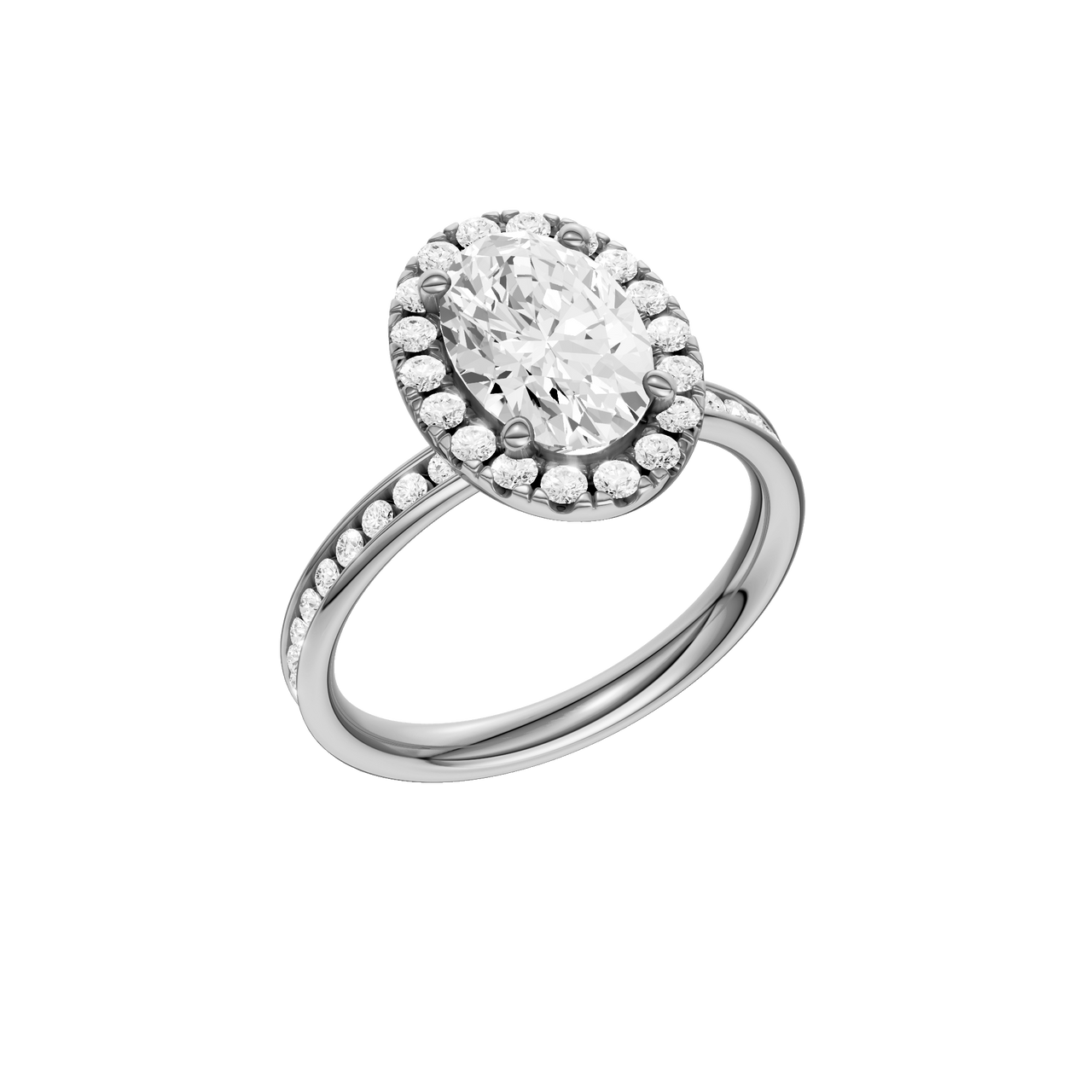 Platinum oval halo engagement ring shown at an angled three quarter view highlighting the oval center diamond, round halo and channel set band.
