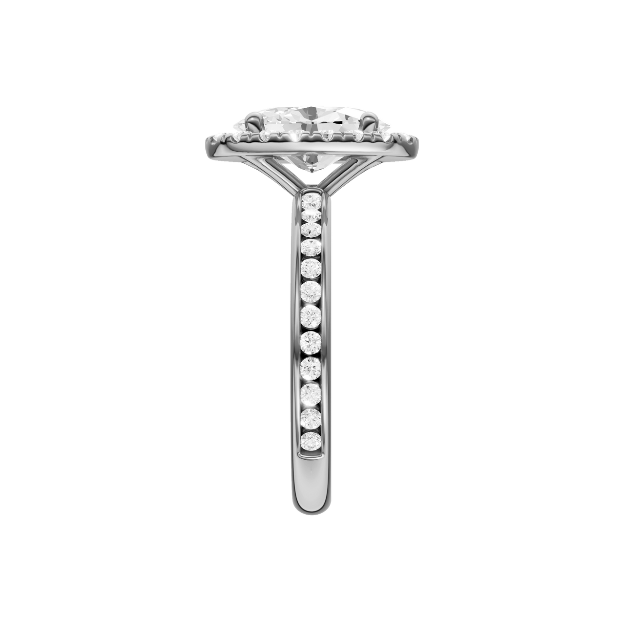 14K white gold oval halo engagement ring full band view with diamond channel band and elevated halo.