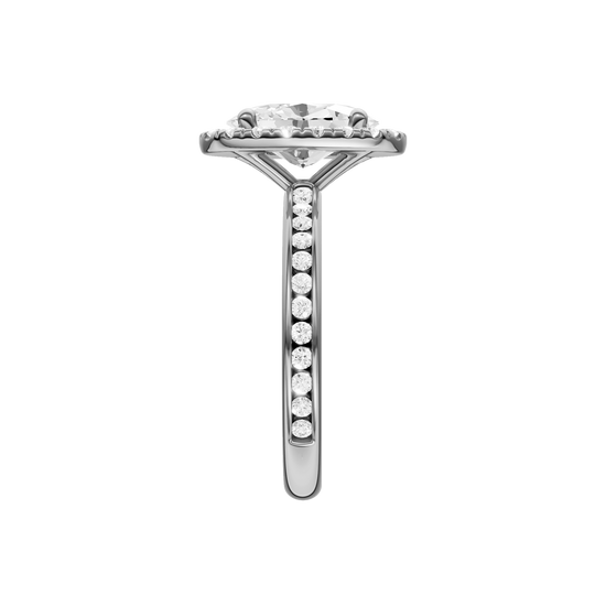 Platinum oval halo engagement ring full band profile showing continuous channel set diamonds and cathedral mounted halo center.