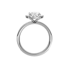 14K white gold oval halo engagement ring side view detailing cathedral structure and diamond channel band.