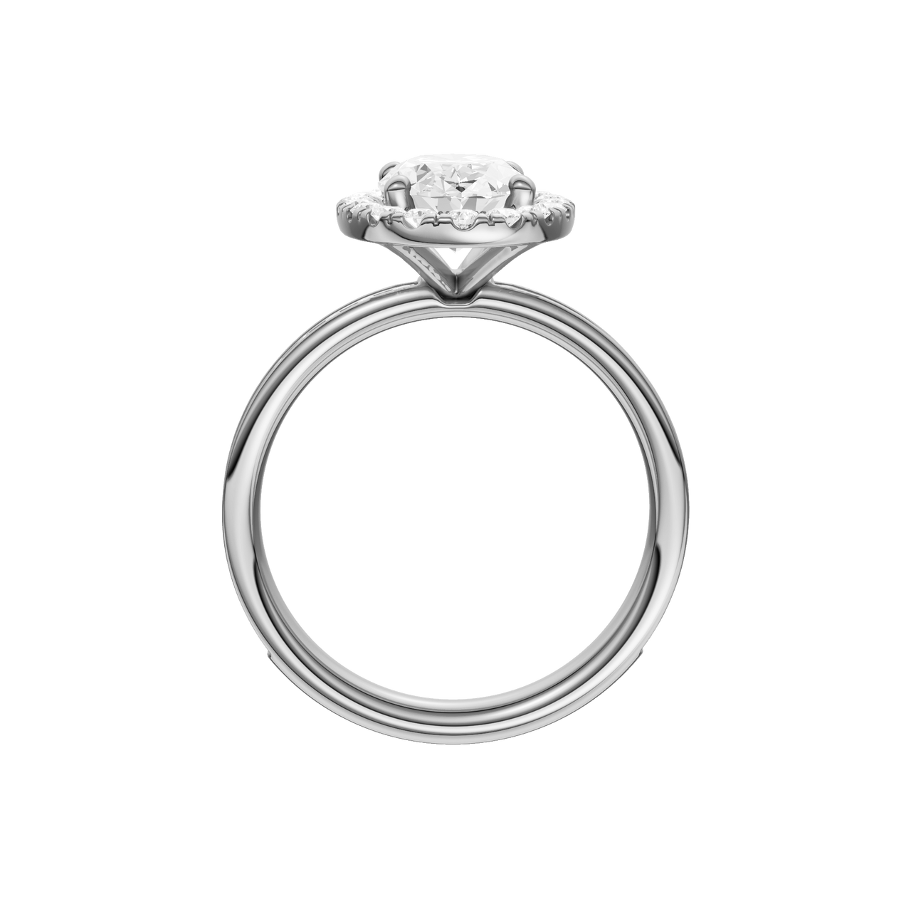 14K white gold oval halo engagement ring side view detailing cathedral structure and diamond channel band.