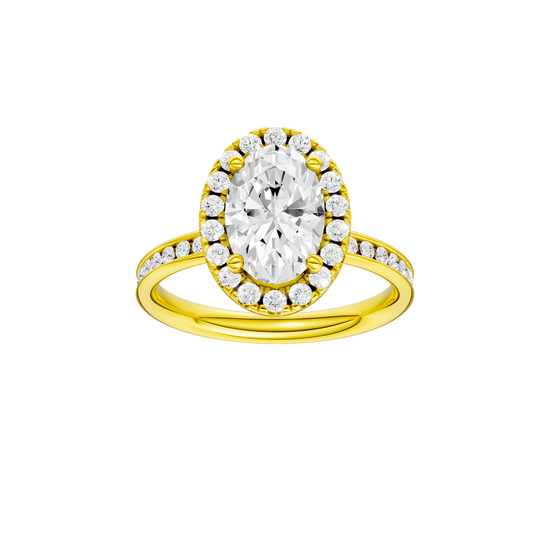 14K yellow gold oval halo engagement ring with oval center diamond, round halo and diamond channel band, front view.