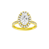 14K yellow gold oval halo engagement ring with oval center diamond, round halo and diamond channel band, front view.