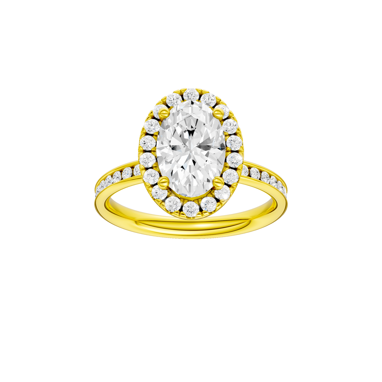 14K yellow gold oval halo engagement ring with oval center diamond, round halo and diamond channel band, front view.