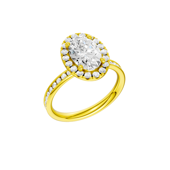 14K yellow gold oval halo engagement ring angled view showing oval center diamond, halo and channel set diamonds.