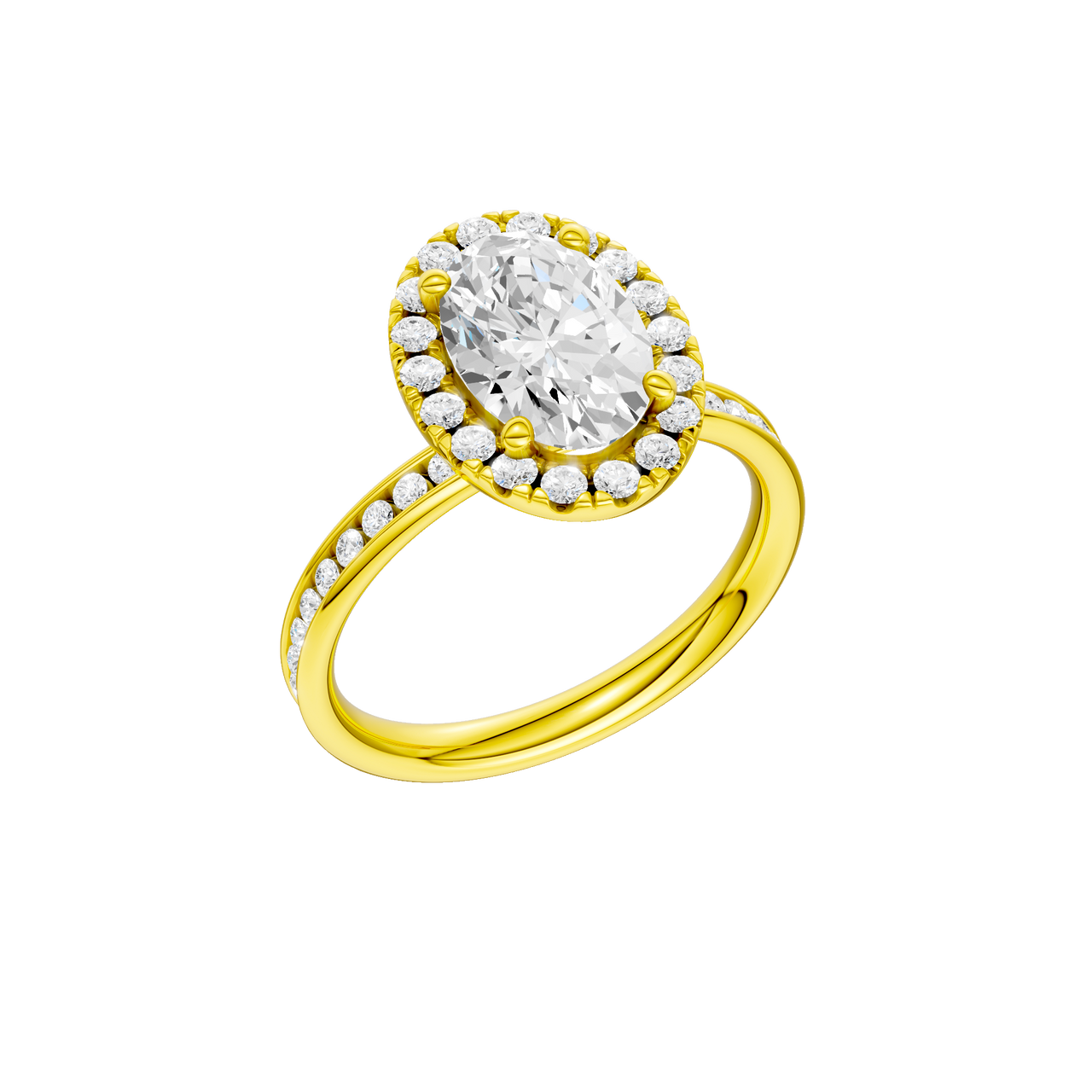 14K yellow gold oval halo engagement ring angled view showing oval center diamond, halo and channel set diamonds.