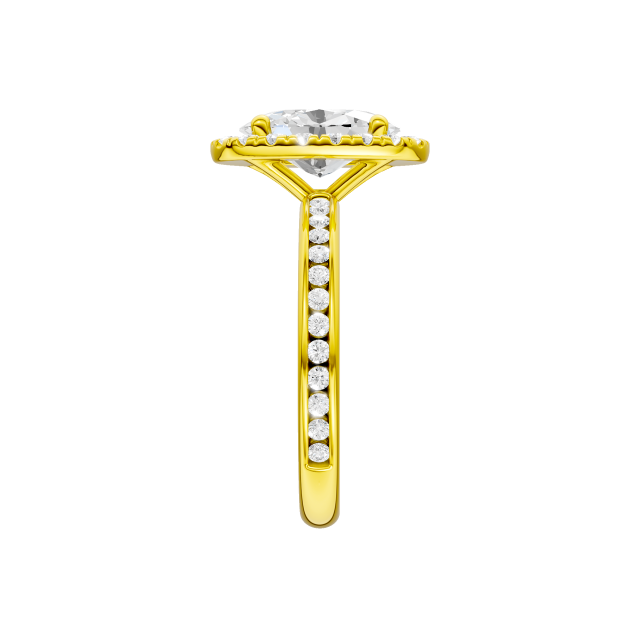 14K yellow gold oval halo engagement ring full band profile featuring oval halo center and channel set band.
