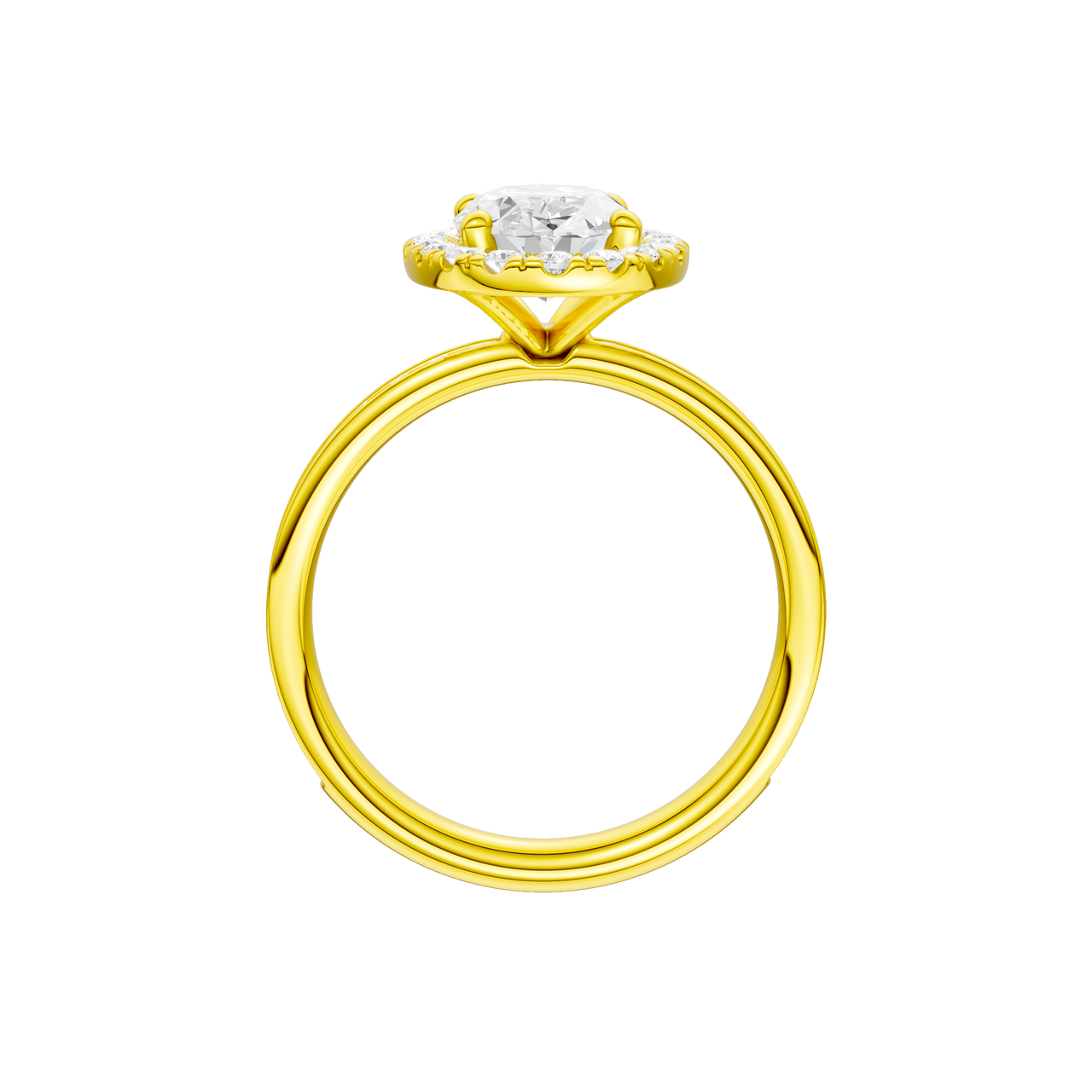 14K yellow gold oval halo engagement ring side profile highlighting cathedral setting and channel set diamonds.
