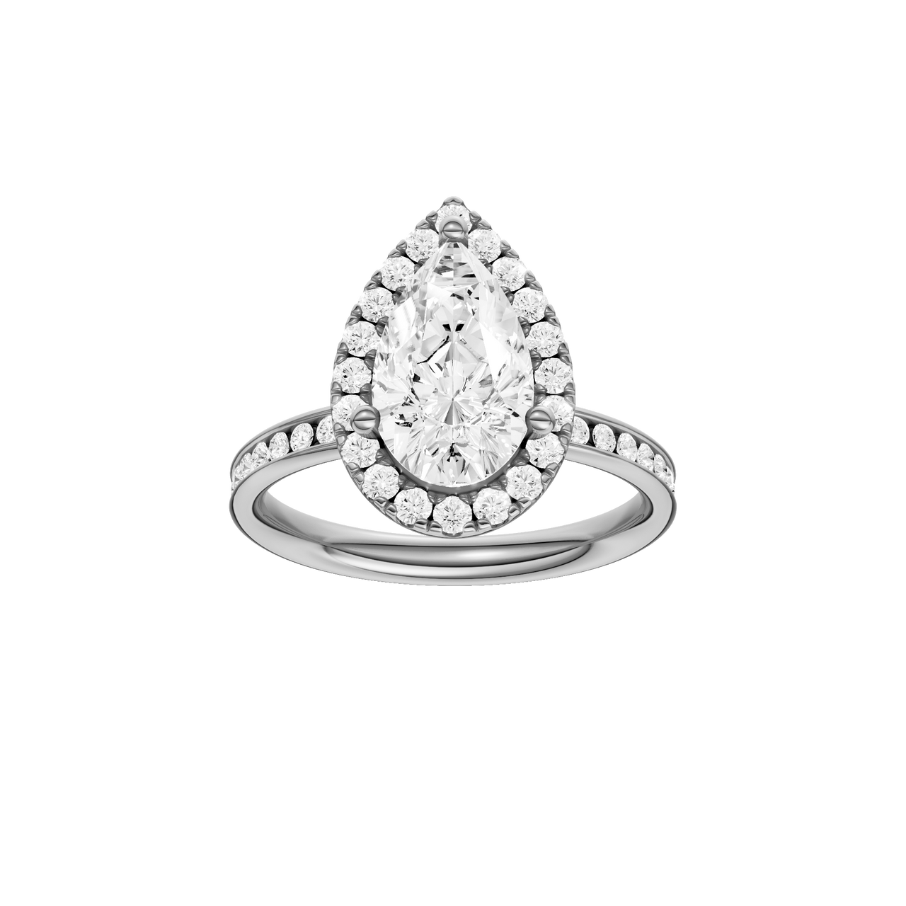 14K white gold pear halo engagement ring featuring a pear center diamond surrounded by a round diamond halo with a channel set diamond band and cathedral setting, front view.