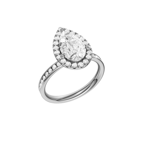 14K white gold pear halo engagement ring angled three quarter view showcasing pear center diamond, halo sparkle and channel set diamond band.