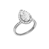 14K white gold pear halo engagement ring angled three quarter view showcasing pear center diamond, halo sparkle and channel set diamond band.
