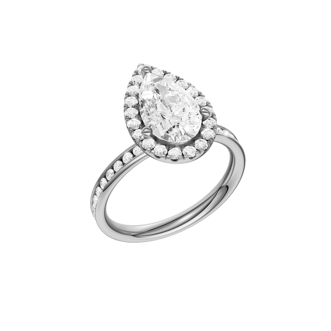 14K white gold pear halo engagement ring angled three quarter view showcasing pear center diamond, halo sparkle and channel set diamond band.