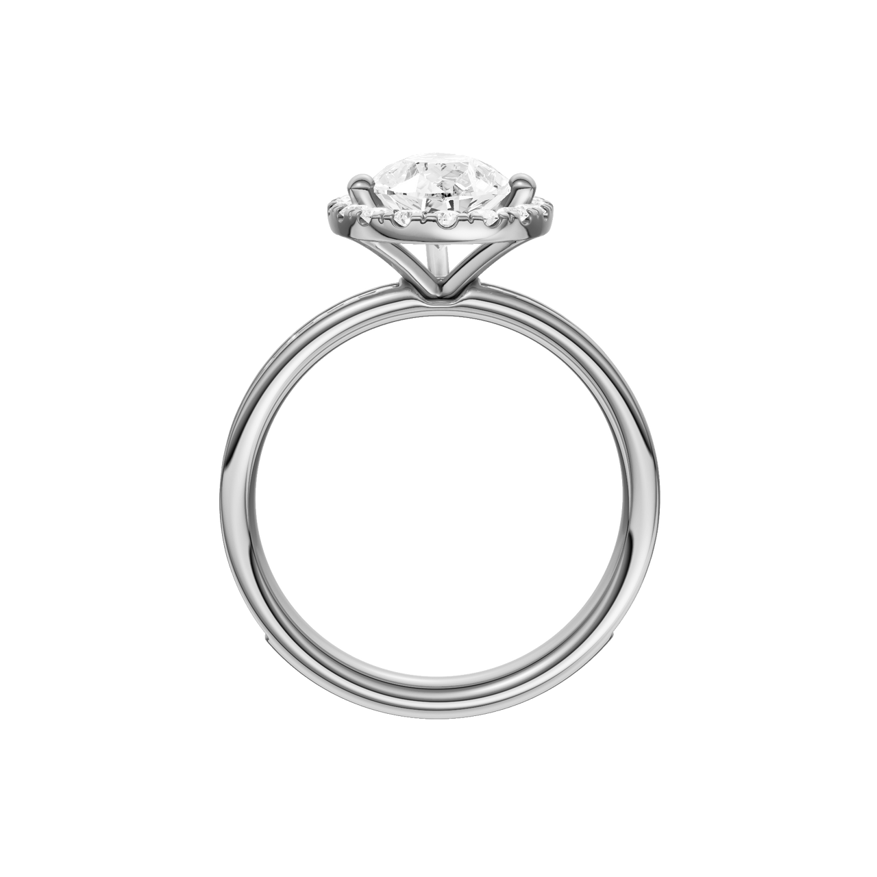 14K white gold pear halo engagement ring full band profile featuring continuous channel set diamonds and cathedral mounted pear halo center.