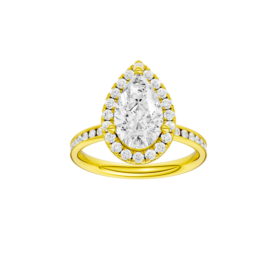 14K yellow gold pear halo engagement ring featuring a pear center diamond surrounded by a round diamond halo with a channel set diamond band and cathedral setting, front view.
