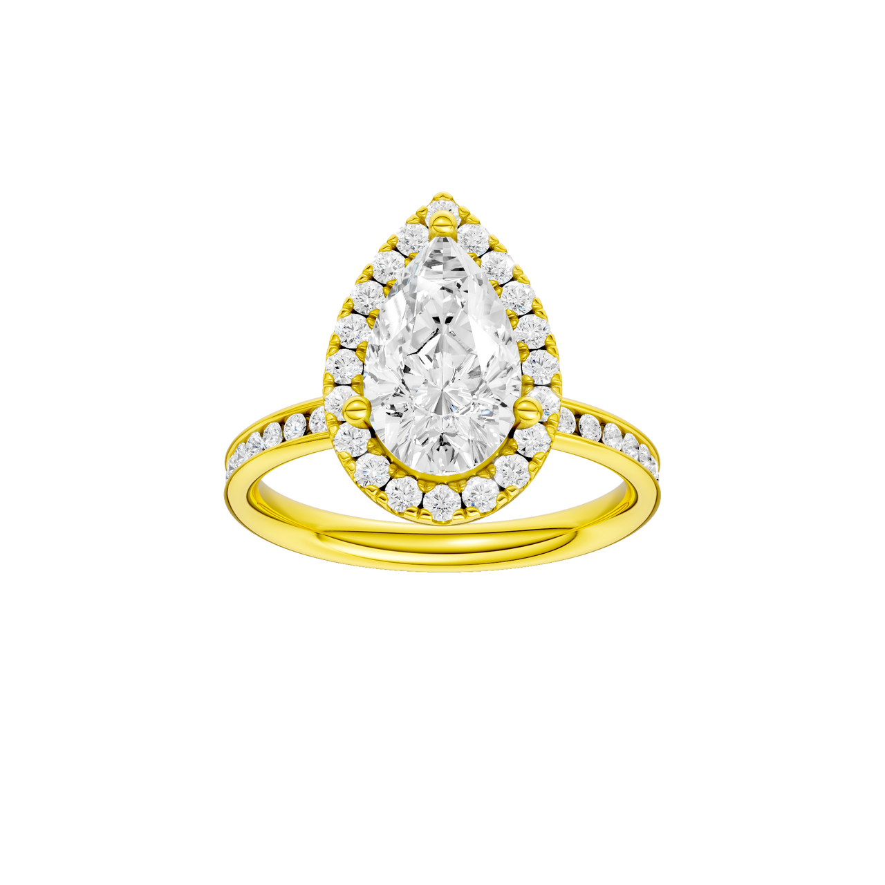 14K yellow gold pear halo engagement ring featuring a pear center diamond surrounded by a round diamond halo with a channel set diamond band and cathedral setting, front view.