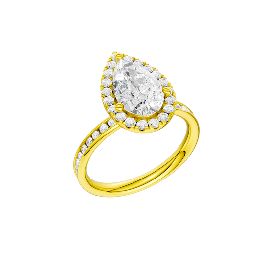 14K yellow gold pear halo engagement ring angled three quarter view showcasing pear center diamond, halo sparkle and channel set diamond band.