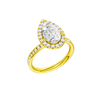 14K yellow gold pear halo engagement ring angled three quarter view showcasing pear center diamond, halo sparkle and channel set diamond band.