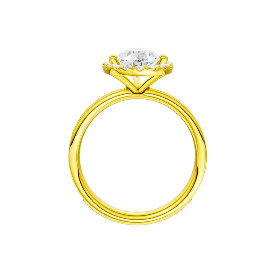 14K yellow gold pear halo engagement ring full band profile featuring continuous channel set diamonds and cathedral mounted pear halo center.