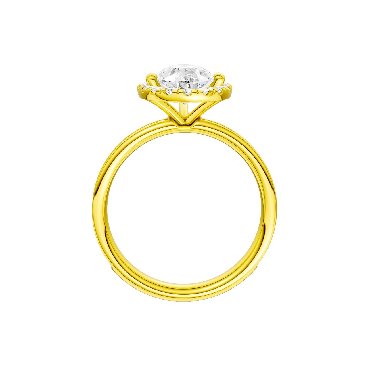 14K yellow gold pear halo engagement ring full band profile featuring continuous channel set diamonds and cathedral mounted pear halo center.