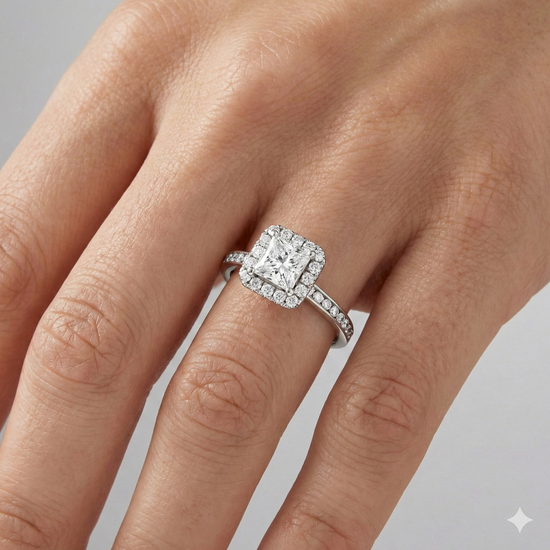 Princess cut diamond engagement ring in 14k white gold with a diamond channel band and cathedral setting on a hand