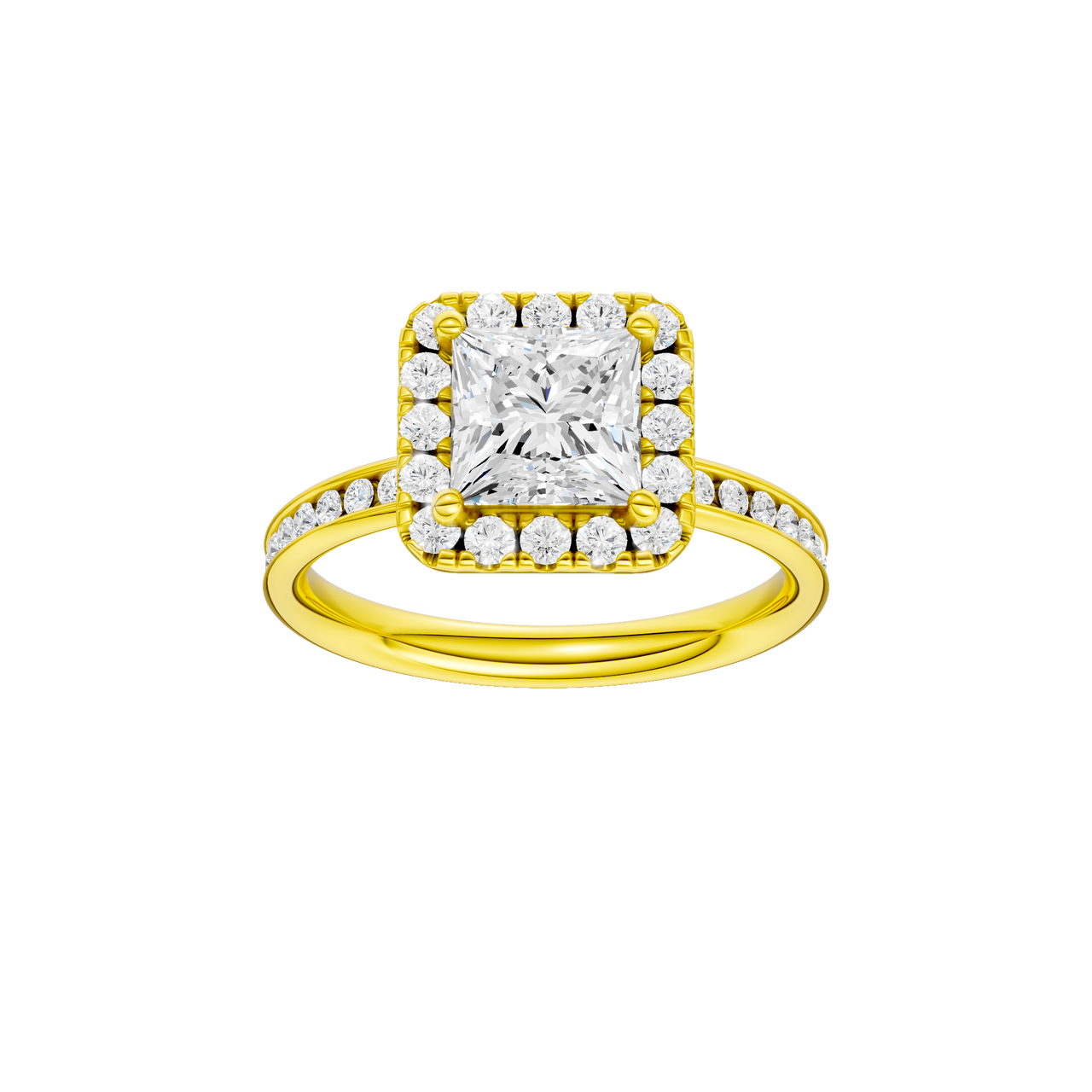 A front view of the Princess cut diamond engagement ring in 14k yellow gold with a diamond channel band and cathedral setting
