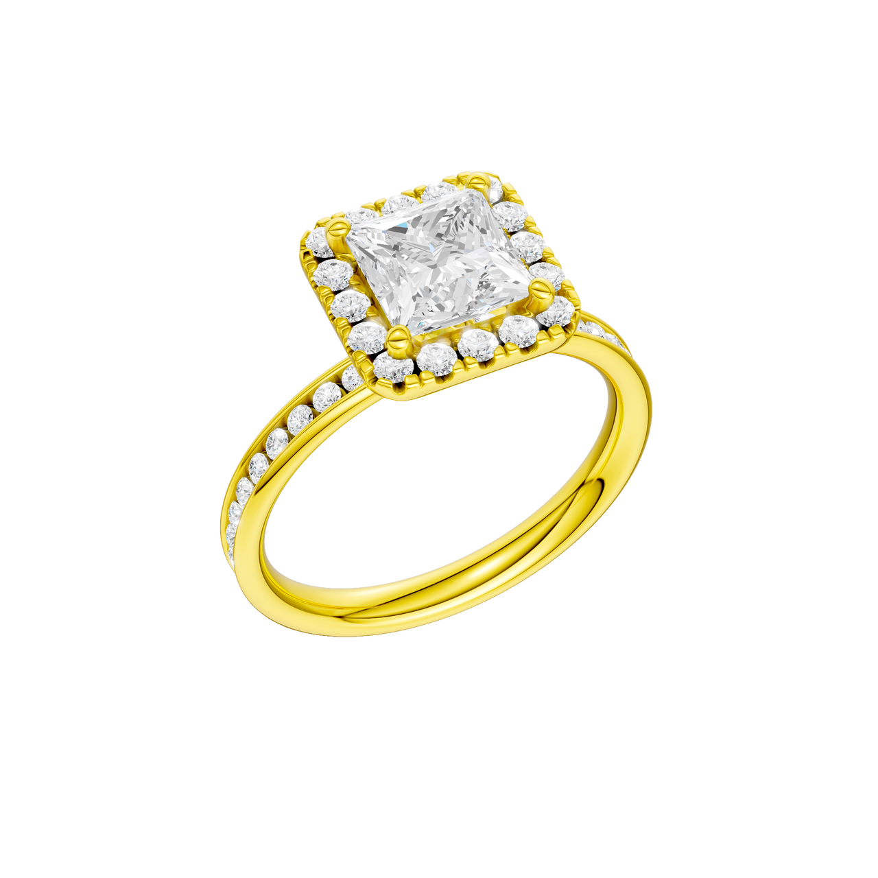 A three-quarter view of the Princess cut diamond engagement ring in 14k yellow gold with a diamond channel band and cathedral setting
