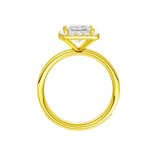 A profile view of the Princess cut diamond engagement ring in 14k yellow gold with a diamond channel band and cathedral setting