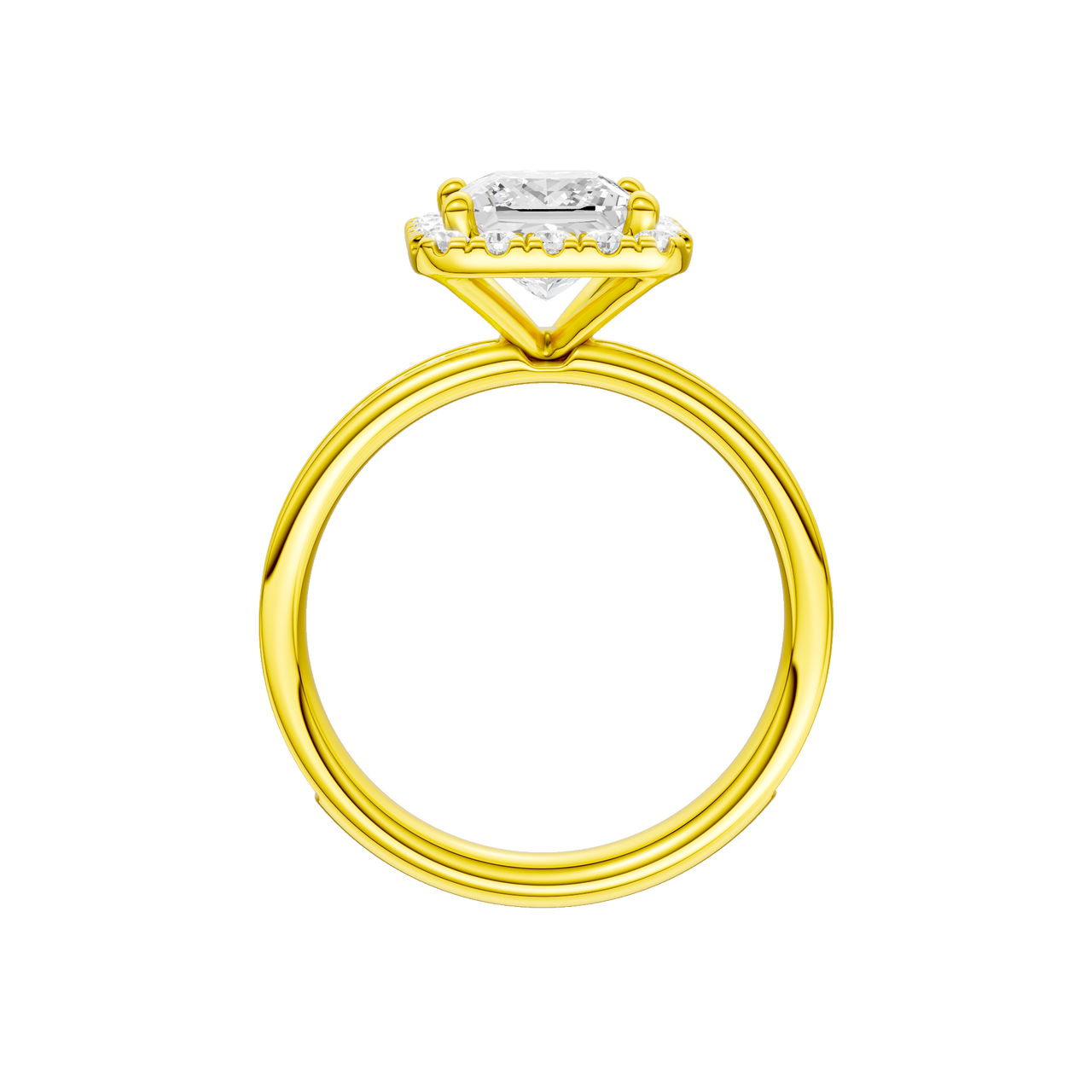 A profile view of the Princess cut diamond engagement ring in 14k yellow gold with a diamond channel band and cathedral setting