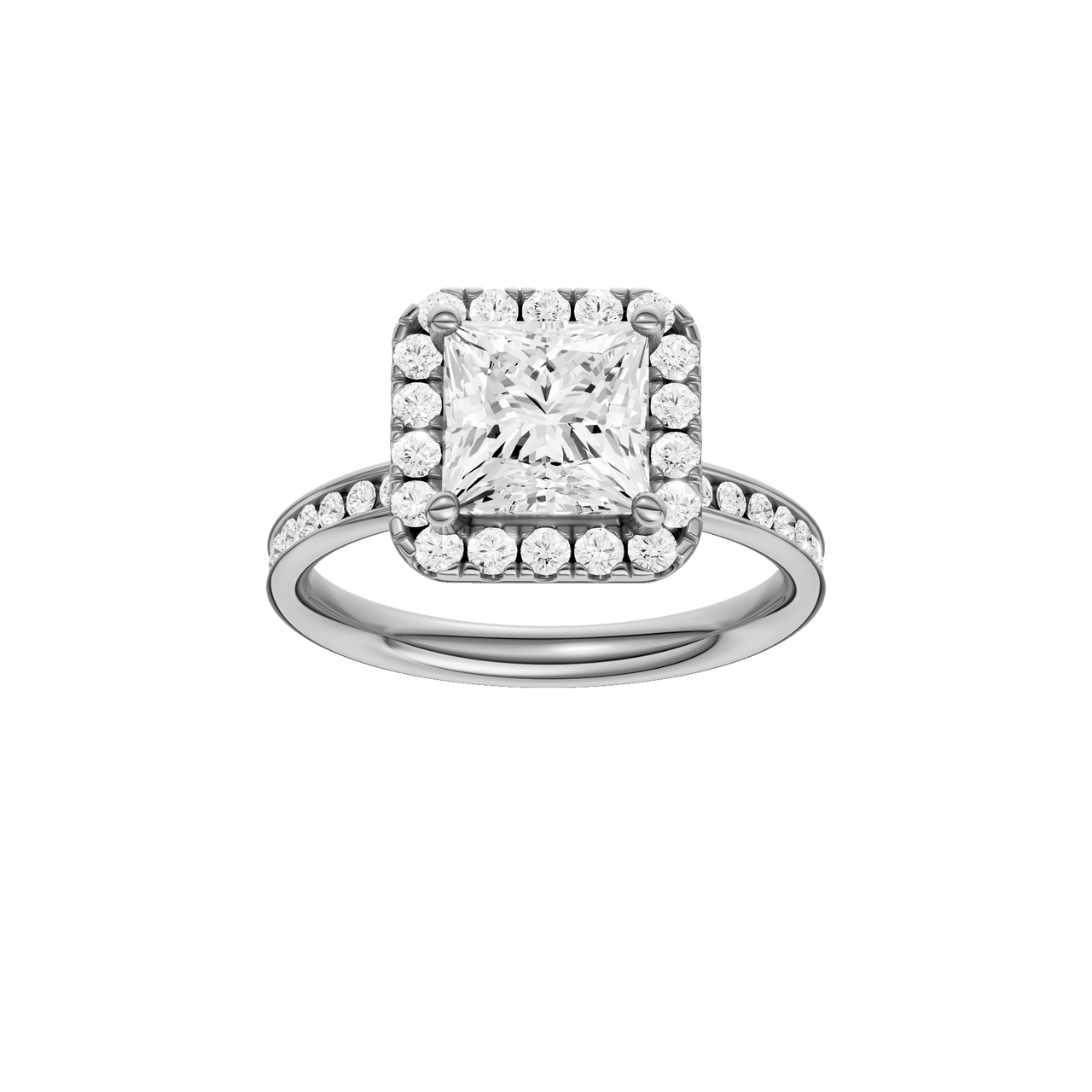 A front view of the Princess cut diamond engagement ring in 14k white gold with a diamond channel band and cathedral setting