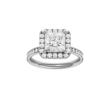 A front view of the Princess cut diamond engagement ring in 14k white gold with a diamond channel band and cathedral setting