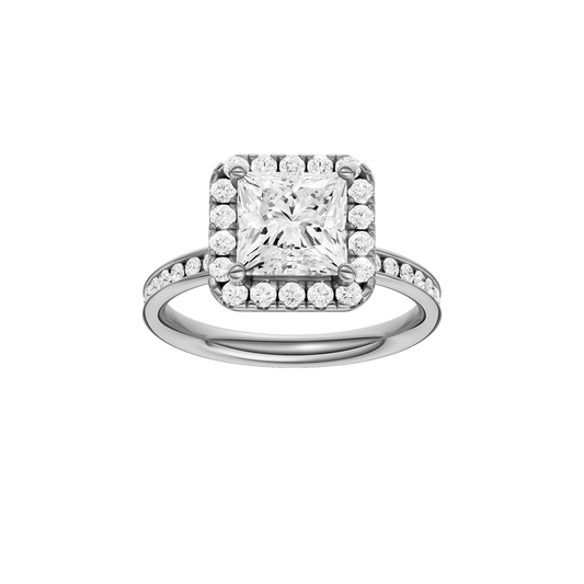 A front view of the Princess cut diamond engagement ring in 14k white gold with a diamond channel band and cathedral setting