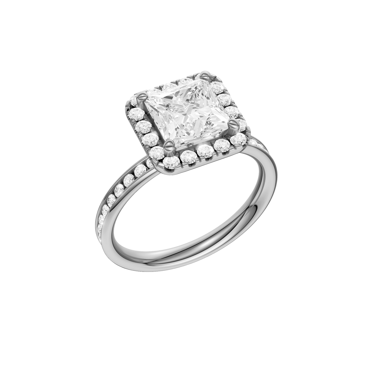 A three-quarter view of the Princess cut diamond engagement ring in 14k white gold with a diamond channel band and cathedral setting