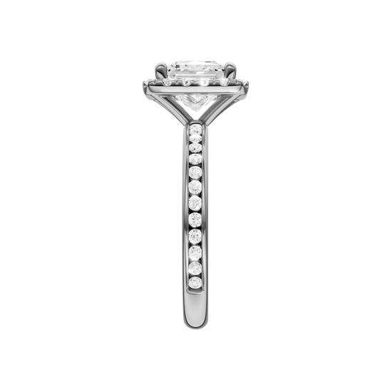 A side view of the Princess cut diamond engagement ring in platinum with a diamond channel band and cathedral setting