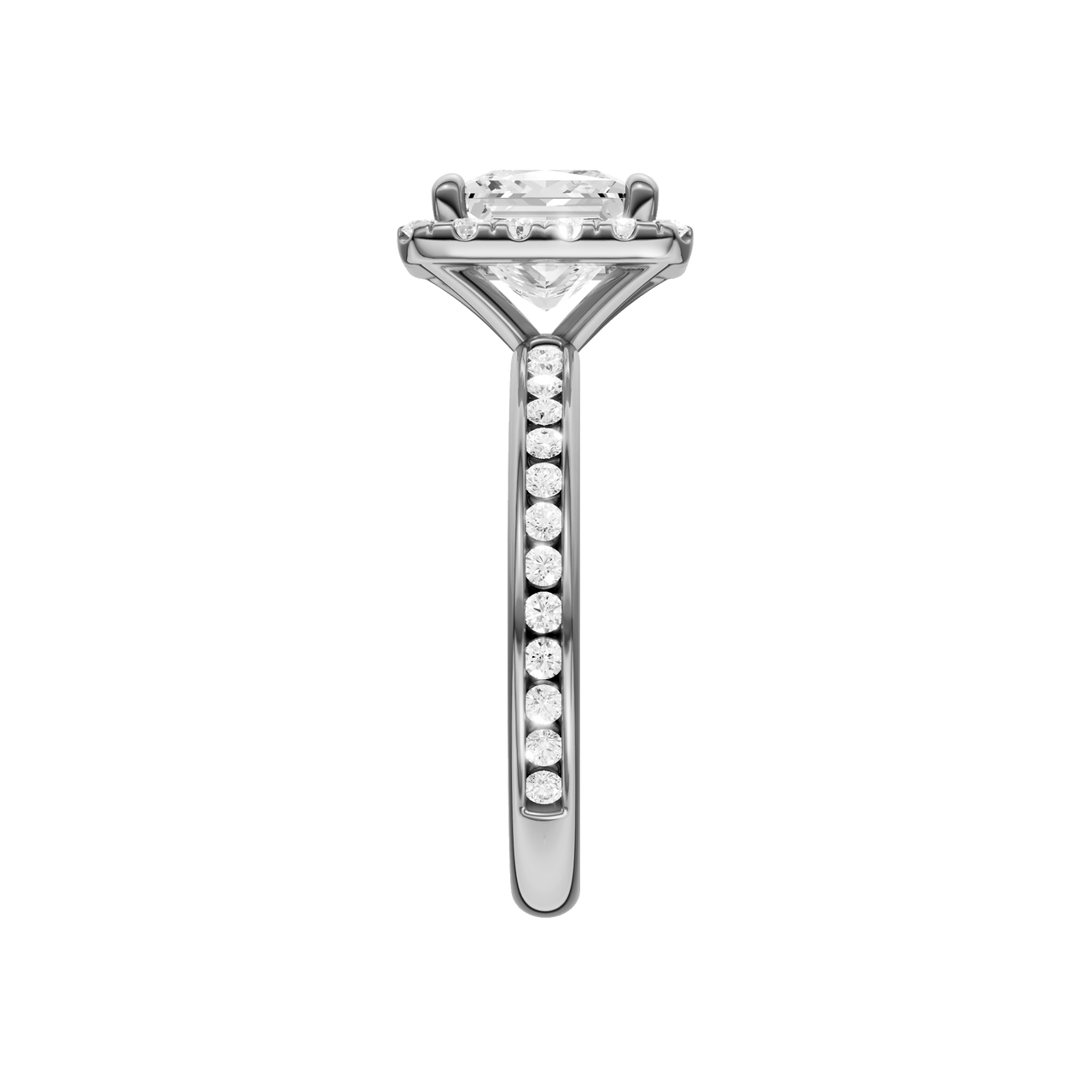 A side view of the Princess cut diamond engagement ring in 14k white gold with a diamond channel band and cathedral setting
