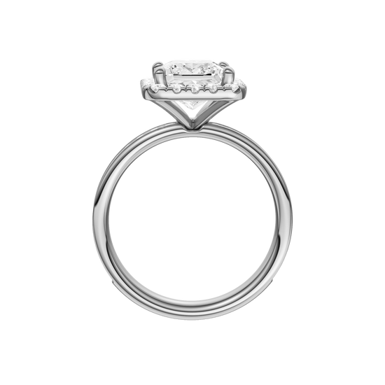 A profile view of the Princess cut diamond engagement ring in platinum with a diamond channel band and cathedral setting