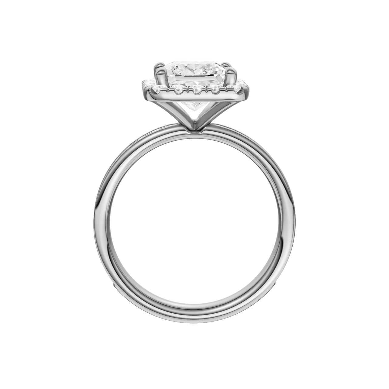 A profile view of the Princess cut diamond engagement ring in platinum with a diamond channel band and cathedral setting