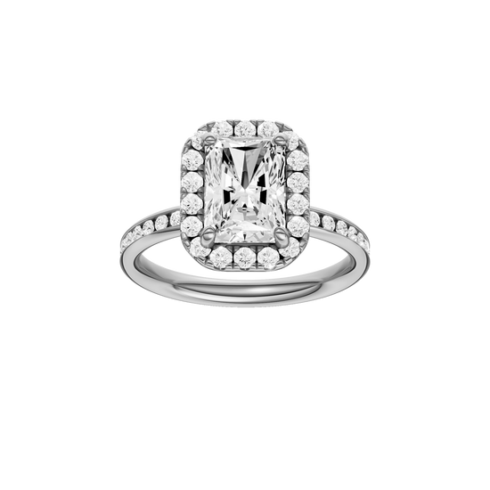 A front view of the Radiant cut diamond engagement ring in platinum with a diamond channel band and cathedral setting