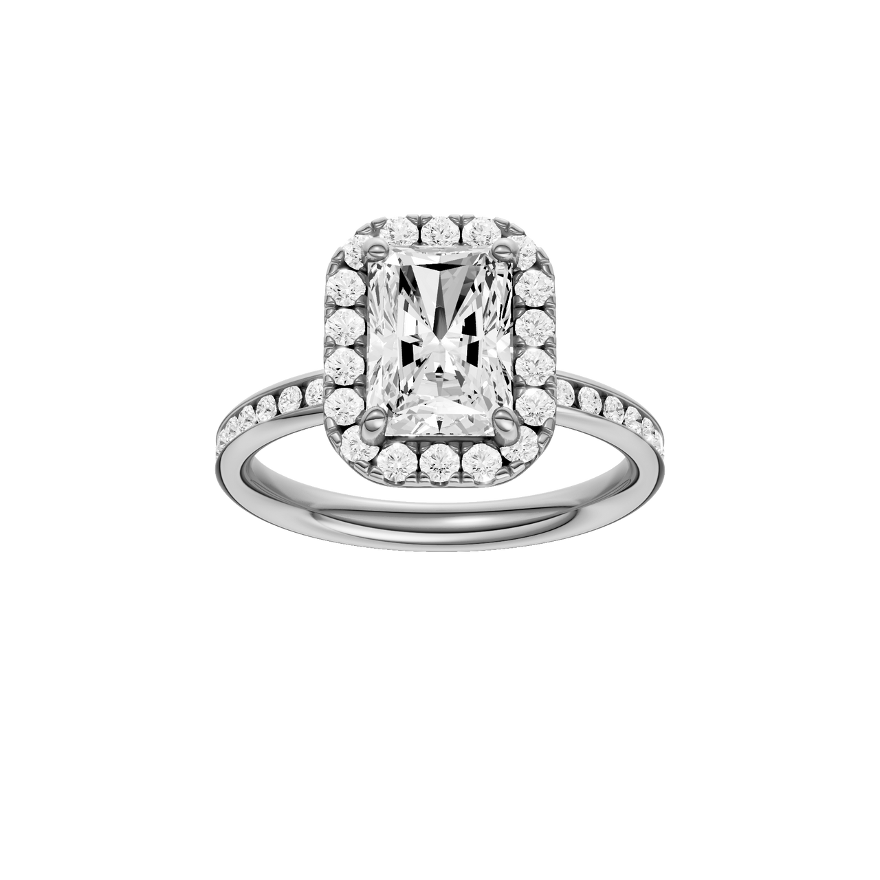 A front view of the Radiant cut diamond engagement ring in 14k white gold with a diamond channel band and cathedral setting