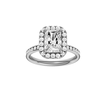 A front view of the Radiant cut diamond engagement ring in 14k white gold with a diamond channel band and cathedral setting