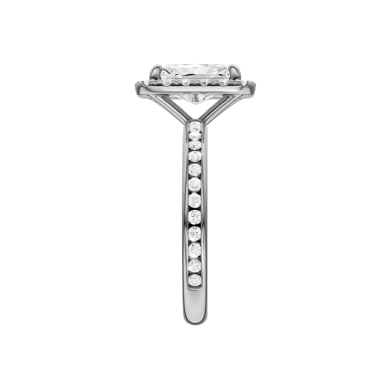 A side view of the Radiant cut diamond engagement ring in platinum with a diamond channel band and cathedral setting