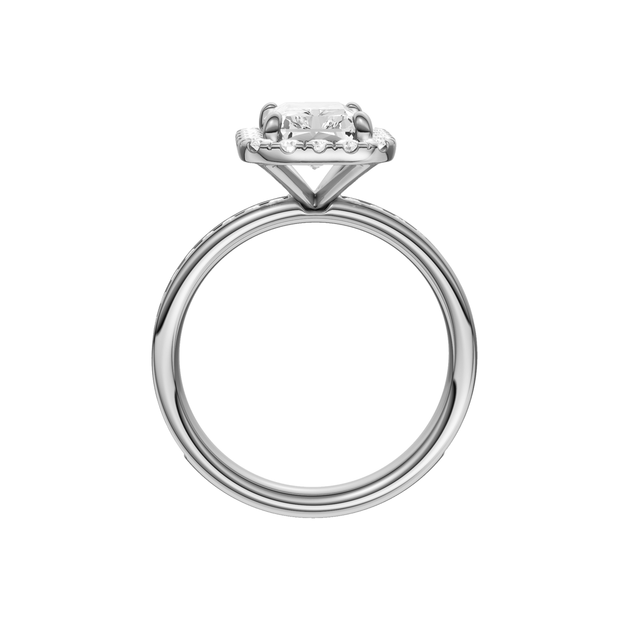 A profile view of the Radiant cut diamond engagement ring in platinum with a diamond channel band and cathedral setting