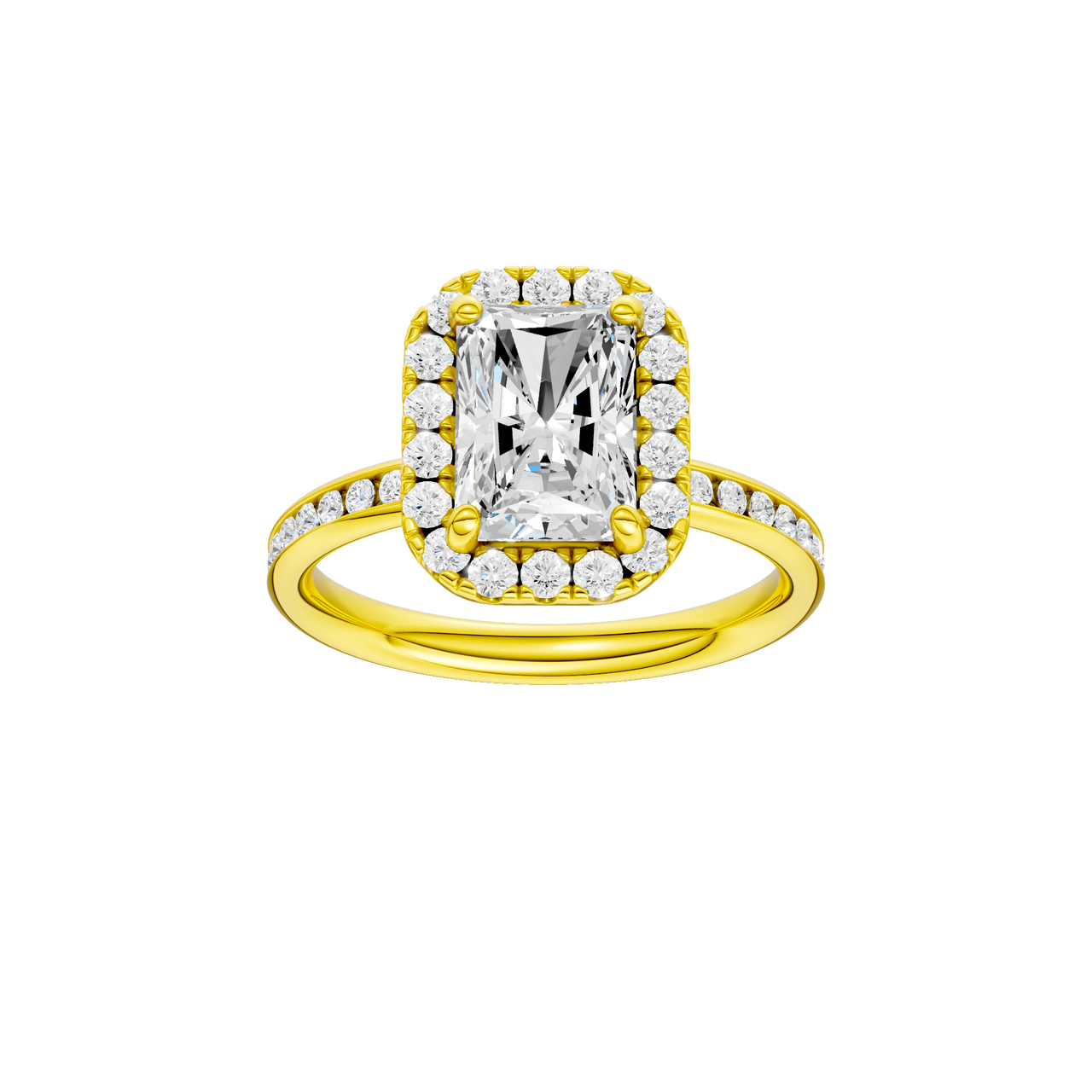 A front view of the Radiant cut diamond engagement ring in 14k yellow gold with a diamond channel band and cathedral setting