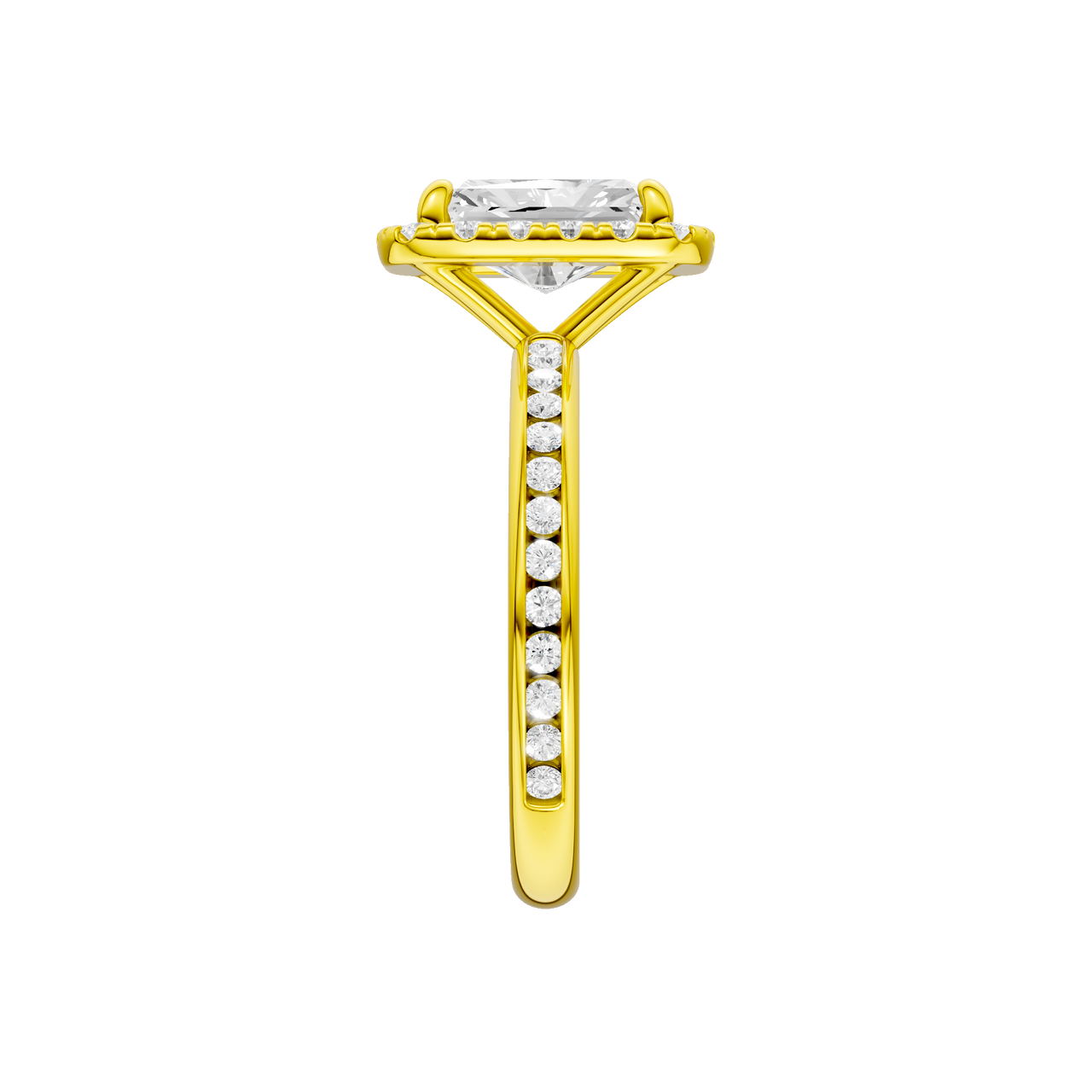 A side view of the Radiant cut diamond engagement ring in 14k yellow gold with a diamond channel band and cathedral setting