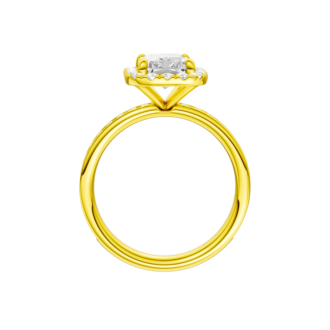 A profile view of the Radiant cut diamond engagement ring in 14k yellow gold with a diamond channel band and cathedral setting