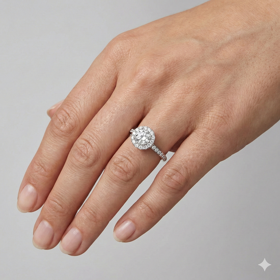 Round cut diamond engagement ring in 14k white gold with a diamond channel band and halo setting on a hand