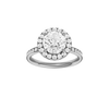 A front view of the Round cut diamond engagement ring in platinum with a diamond channel band and halo setting