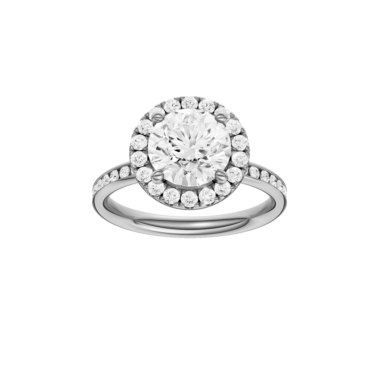 A front view of the Round cut diamond engagement ring in platinum with a diamond channel band and halo setting