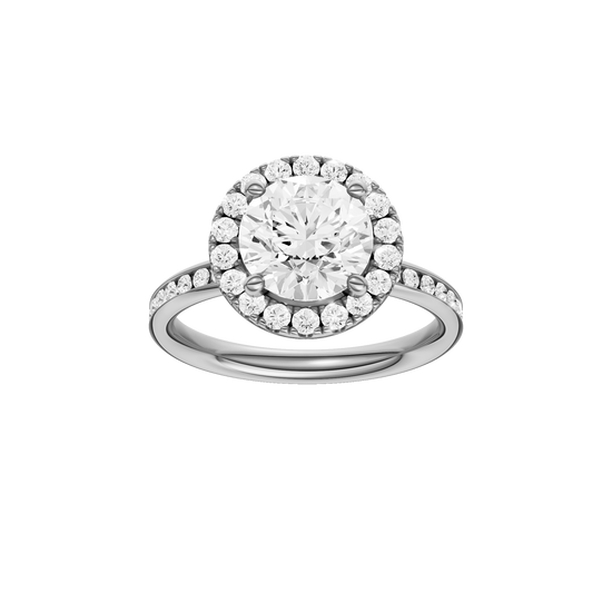 A front view of the Round cut diamond engagement ring in 14k white gold with a diamond channel band and halo setting